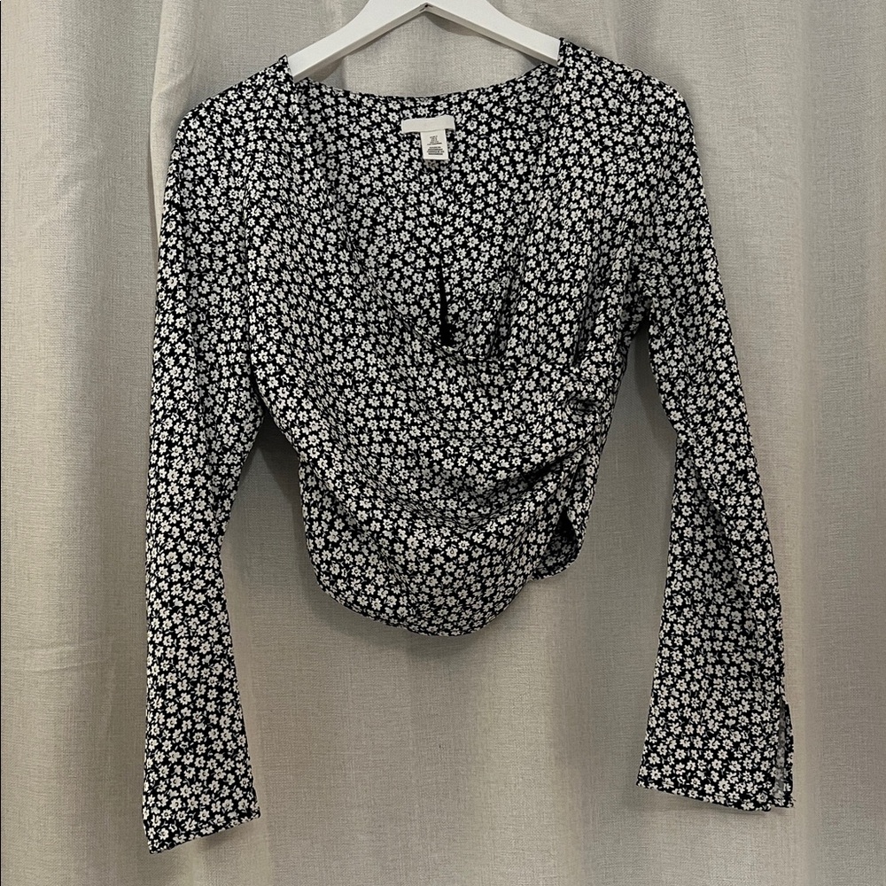 Satin Black & White Floral Wrap Top